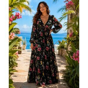 Eliza J Floral Maxi Dress 16 NWT Boho Puff Sleeve Open Back